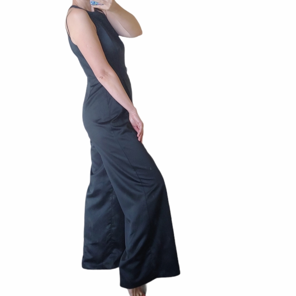 Line and Dot Revolve black satin sleeveless wide leg jumpsuit halter size Small